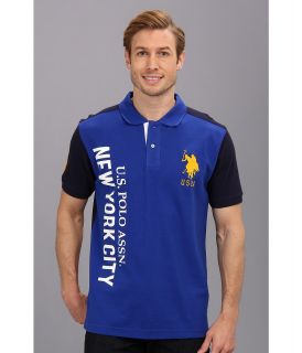 U.S. Polo Assn Two Toned Pique Polo with Big Pony Logo Mens Short Sleeve Knit (Blue)