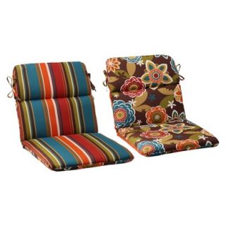 Outdoor Reversible Rounded Chair Cushion   Brown/Turquoise Floral/Stripe