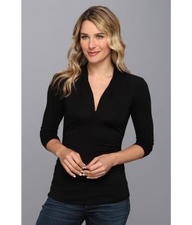 Vince Camuto 3/4 Sleeve Pleat V Neck Top Womens Long Sleeve Pullover (Black)