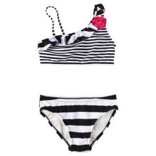 Girls 2 Piece Asymmetrical Striped Bikini Swimsuit Set   Black/White XL