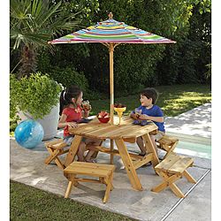 Octagon Table   4 Benches With Multi striped Umbrella Childrens Patio Furniture Set