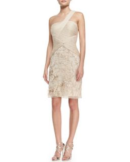 Womens One Shoulder Embroidered Skirt Cocktail Dress, Champagne   Sue Wong