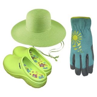 Floppy Straw Hat, Synthetic Palm Spandex Back Gloves and Comfort Clogs Size 7