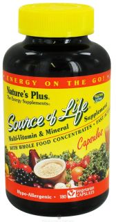 Natures Plus   Source Of Life Multi Vitamin & Mineral Supplement With Whole Food Concentrates   180 Vegetarian Capsules