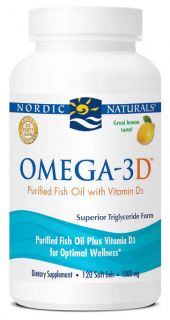 Nordic Naturals   Omega 3D Purified Fish Oil with Vitamin D3 Lemon 1000 mg.   120 Softgels
