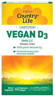 Country Life   Vegan D3 5000 IU   60 Vegetarian Softgels