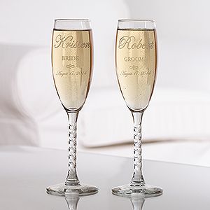 Engraved Crystal Champagne Flutes   Bride and Groom Design