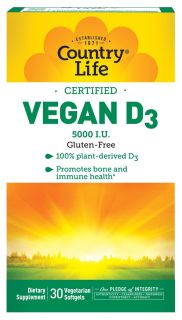 Country Life   Certified Vegan D3 5000 IU   30 Softgels