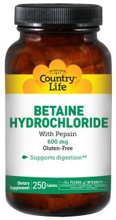 Country Life   Betaine Hydrochloride with Pepsin 600 mg.   250 Tablets