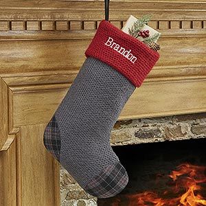 Personalized Plaid Christmas Stockings   Grey Knit
