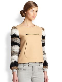 Opening Ceremony Keaton Striped Rabbit Fur Sleeved Top   Nude