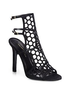 Tamara Mellon Scandal  Honeycomb Suede & Patent Leather Sandals   Black