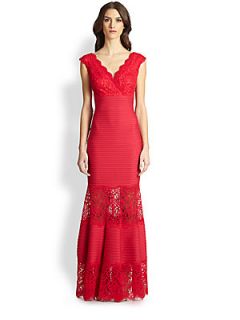 Tadashi Shoji Lace Inset Pintucked Gown   French Rose