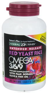 Natures Plus   Herbal Actives Extended Release Red Yeast Rice, Omega 3 6 9 with CoQ10   30 Softgels