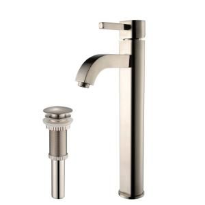 KRAUS Ramus Single Hole 1 Handle Low Arc Bathroom Faucet with Matching Pop Up Drain in Satin Nickel FVS 1007 PU 10SN