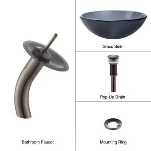 KRAUS Glass Bathroom Sink in Frosted Black with Single Hole 1 Handle Low Arc Waterfall Faucet in Oil Rubbed Bronze C GV 104FR 12mm 10ORB
