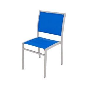 POLYWOOD Bayline Patio Dining Side Chair in Textured Silver/Royal Blue Sling A190 11905