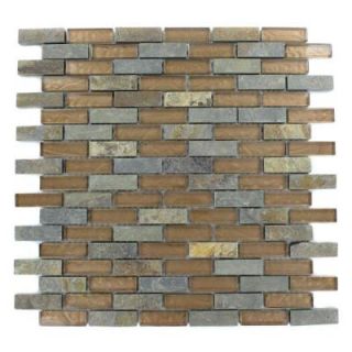 Splashback Tile Tectonic Brick Multicolor Slate and Bronze 12 in. x 12 in. x 8 mm Glass Floor and Wall Tile TECTONIC 1/2X2BRICKMULTICOLORSLATEBRONZE