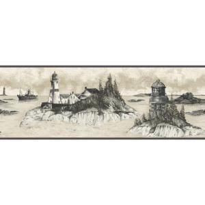 The Wallpaper Company 6.88 in. x 15 ft. Black and Beige Coastal Lighthouses Border WC1283320