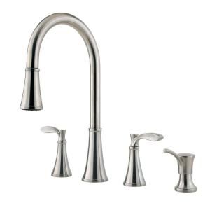 Pfister Petaluma 2 Handle Pull Down Sprayer Kitchen Faucet with Soap Dispenser in Stainless Steel F 531 4PAS