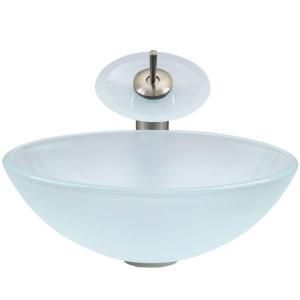 Vigo Glass Vessel Sink in White Frost and Waterfall Faucet Set in Brushed Nickel VGT036BNRND