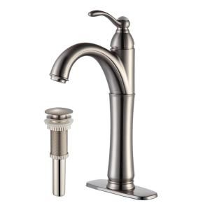 KRAUS Riviera Single Hole 1 Handle Low Arc Bathroom Faucet with Matching Pop Up Drain in Satin Nickel FVS 1005 PU 10SN