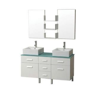 Virtu USA Maybell 56 in. Double Basin Vanity in White with Glass Vanity Top in Aqua and Mirror UM 3063 G WH