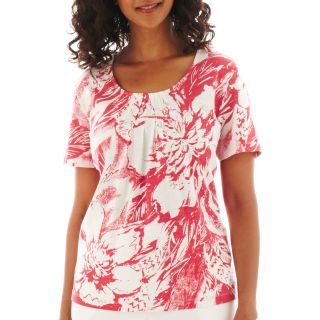 Alfred Dunner St. Tropez Short Sleeve Monotone Floral Printed Top, Watermelon