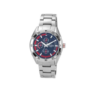 Armitron Mens Silver Tone Blue & Red Crystal Accent Multifunction Watch