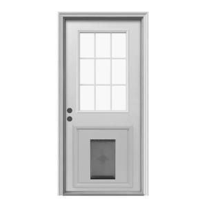 JELD WEN 9 Lite Primed White Steel Entry Door with Medium Pet Door and Brickmold THDJW203900014