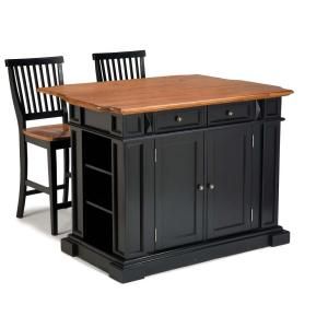 Home Styles Kitchen Island in Black with Oak Top and Two Stools 5003 948