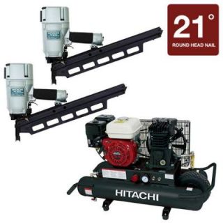Hitachi 3 Piece Two 3 1/4 in. Plastic Collated Framing Nailer and 8 Gal. Gas Wheel Compressor Kit DISCONTINUED KCW 83 X2
