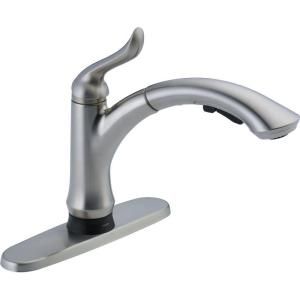 Delta Linden Single Handle Pull Out Sprayer Kitchen Faucet in Arctic Stainless Featuring Touch2O Technology 4353T AR DST