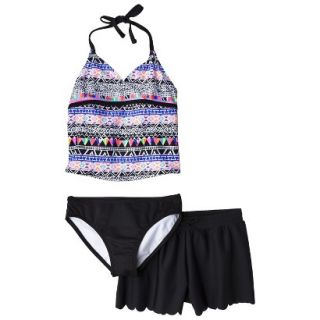 Girls 3 Piece Halter Tankini and Short Swimsuit Set   Black/Purple XL
