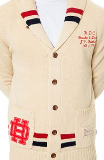 Hawke and Dumar Cardigan Coach's Stripe Shawlneck in Tan