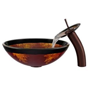 Vigo Glass Vessel Sink in Auburn/Mocha Fusion with Waterfall Faucet Set in Oil Rubbed Bronze VGT003RBRND