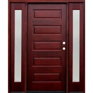 Pacific Entries Contemporary 5 Panel Stained Mahogany Wood Entry Door with 12 in. Reed Sidelites M55ML412RD