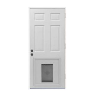 JELD WEN 6 Panel Primed White Steel Entry Door with Medium Pet Door THDJW204000005