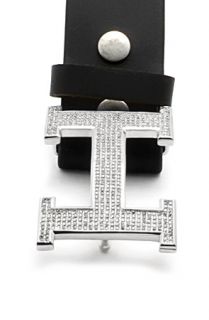 King Ice Platinum Style Letter H CZ Buckle Leather Belt