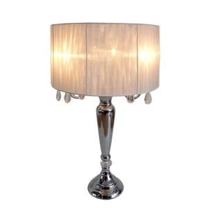 Elegant Designs 17 in. Chrome Table Lamp with Hanging Crystals and Trendy Sheer White Shade LT1034 WHT