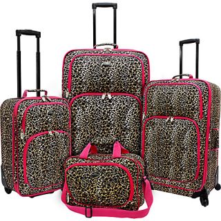 Fashion Leopard 4 Piece Spinner Luggage Set Leopard with Fuchsia T