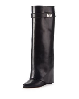 Womens Shark Lock Fold Over Leather Boot, Black   Givenchy