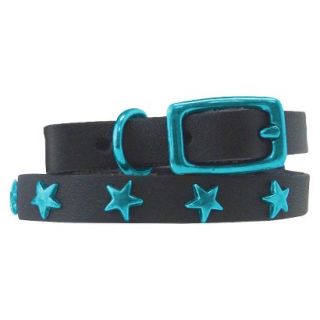 Platinum Pets Black Genuine Leather Cat and Puppy Collar with Stars   Teal (7.