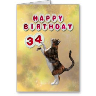 Playful cat and 34th Happy Birthday balloons Card