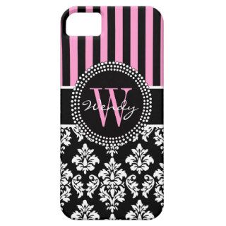 Personalized Initial Pink Black Damask Stripes iPhone 5 Cases