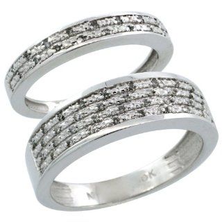 10k White Gold 2 Piece His (6.5mm) & Hers (3.5mm) Diamond Wedding Ring Band Set w/ 0.18 Carat Brilliant Cut Diamonds; Ladies Size 5.5 Jewelry