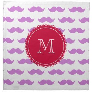 Lilac Mustache Pattern, Red White Monogram Cloth Napkin