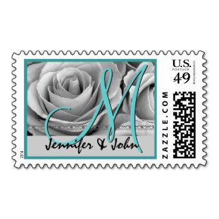 Bride Groom Monogram Turquoise Blue Silver Roses Stamp