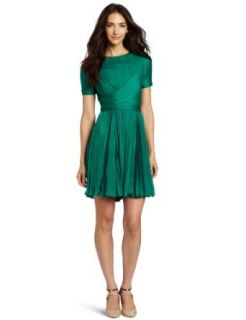 Halston Heritage Women's Short Sleeve Crewneck Pleated Dress, Emerald, 0