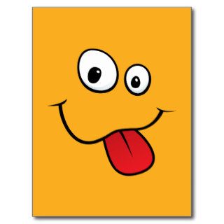Funny goofy smiley sticking out his tongue, orange postcards